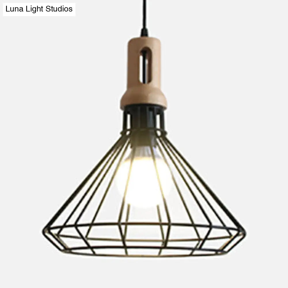 Antique Metal Wire Cage Pendant Lamp With Cone Shade For Living Room Black /