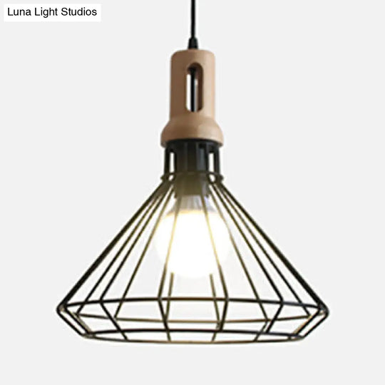 Antique Metal Wire Cage Pendant Lamp With Cone Shade For Living Room Black /