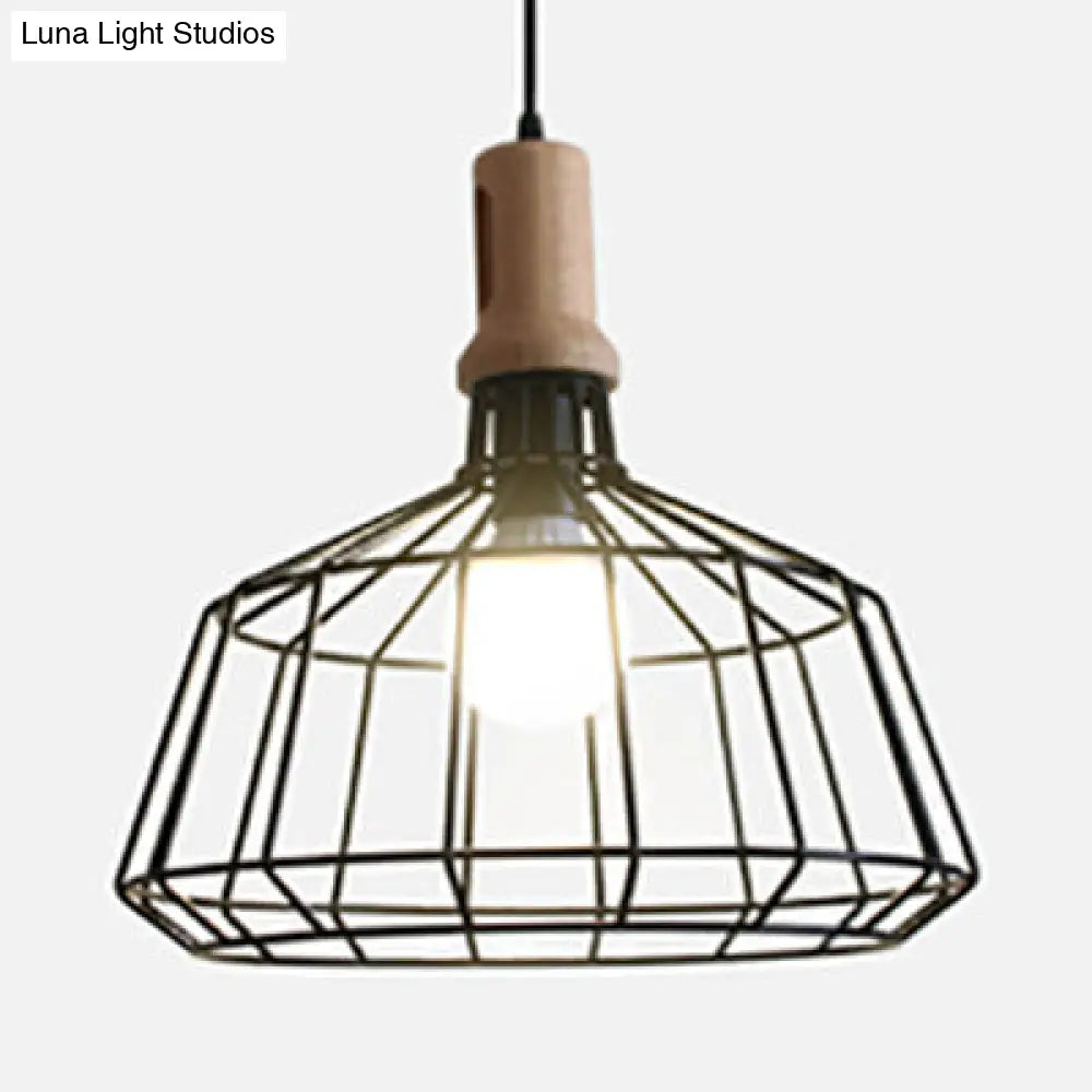 Antique Metal Wire Cage Pendant Lamp With Cone Shade For Living Room Black / Barn