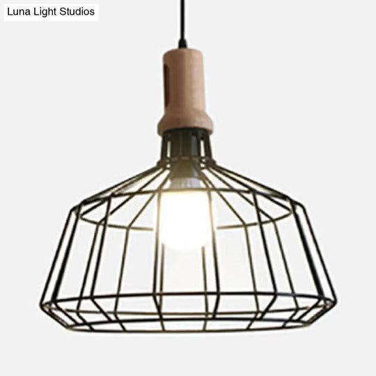 Antique Metal Wire Cage Pendant Lamp With Cone Shade For Living Room Black / Barn