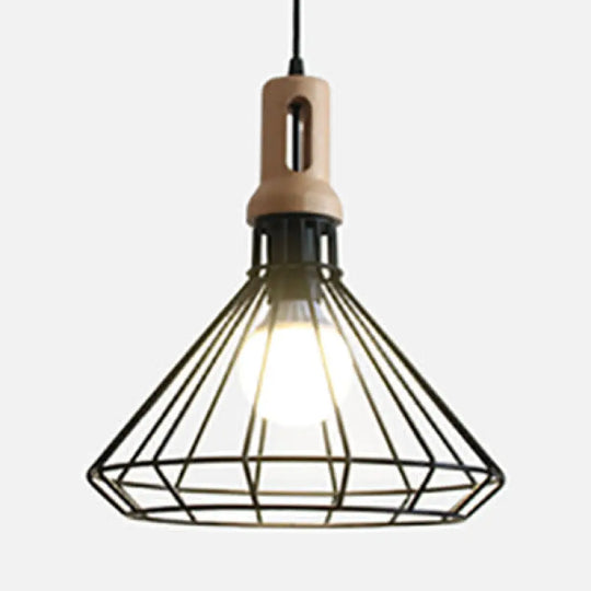 Antique Metal Wire Cage Pendant Lamp With Cone Shade For Living Room Black /