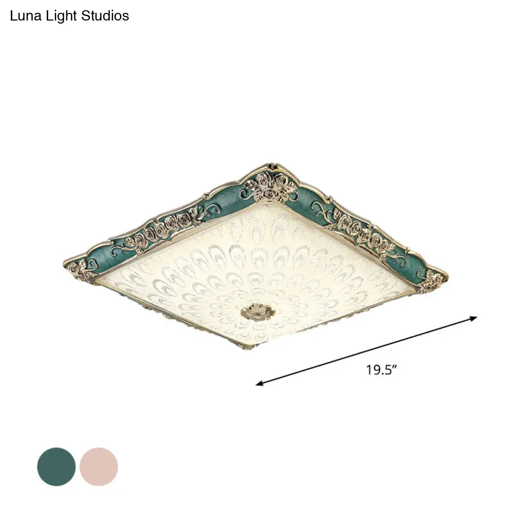 Antique Opaque Glass Led Square Flush Mount Light - Pink/Green Bedroom Ceiling Lamp