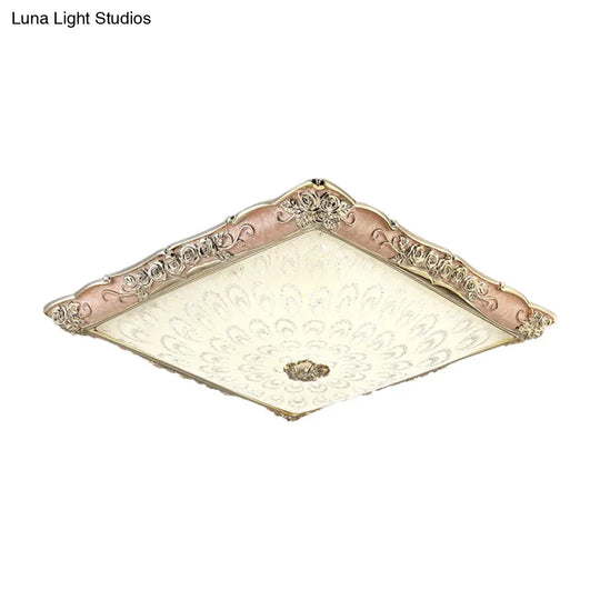 Antique Opaque Glass Led Square Flush Mount Light - Pink/Green Bedroom Ceiling Lamp