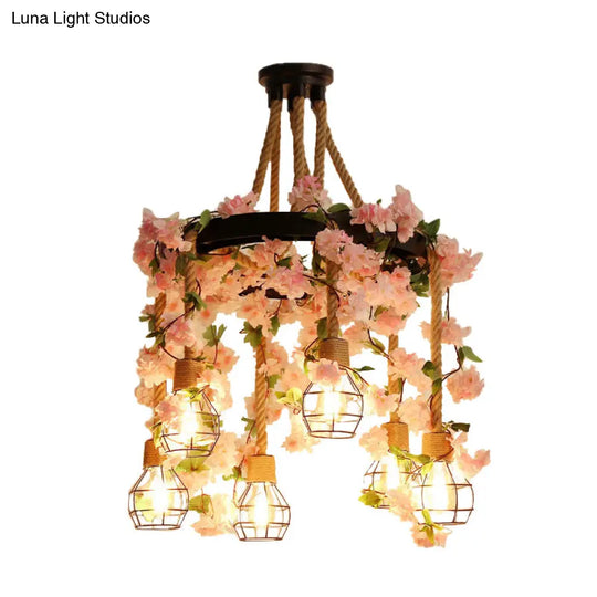 Antique Pink/Rose Red Metal Led Flower Cluster Pendant Lamp - 4/6 Lights Ideal For Restaurants