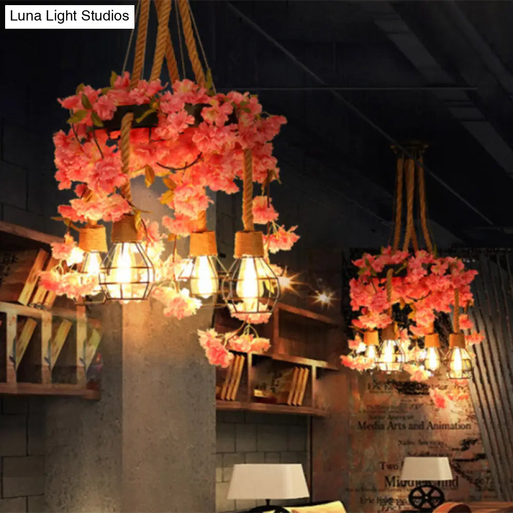 Antique Pink/Rose Red Metal Led Flower Cluster Pendant Lamp - 4/6 Lights Ideal For Restaurants
