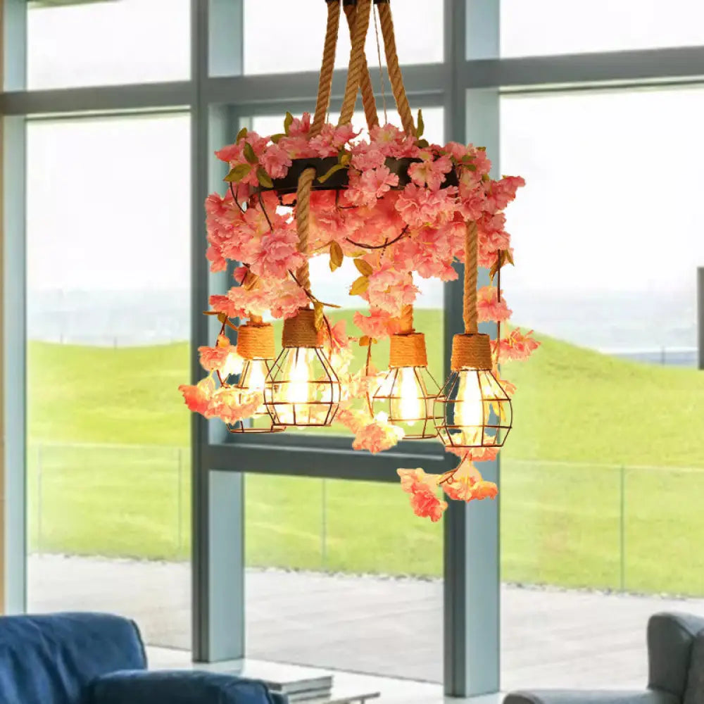 Antique Pink/Rose Red Metal Led Flower Cluster Pendant Lamp - 4/6 Lights Ideal For Restaurants 4 /