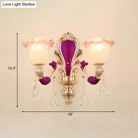 Antique Purple Glass Ruffle-Trimmed Wall Sconce With Double Heads Mount Light Fixture