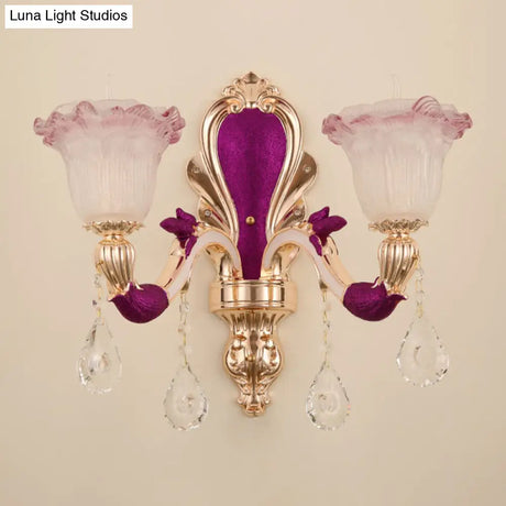 Antique Purple Glass Ruffle-Trimmed Wall Sconce With Double Heads Mount Light Fixture