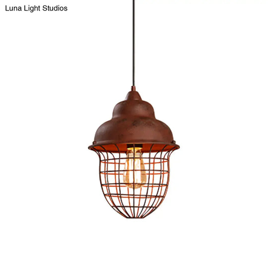 Double Bubble Pendant Light With Urn Cage Shade - Antique Style Rust Iron Hanging Lamp