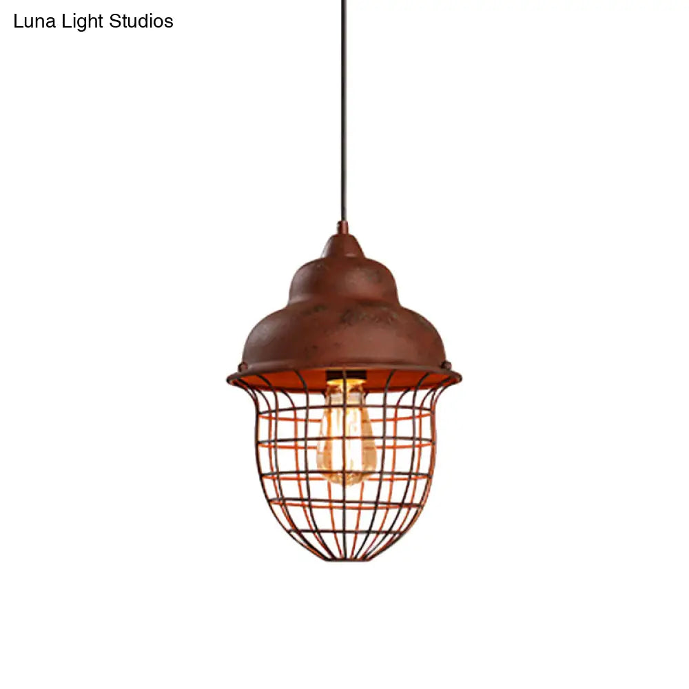 Antique Rust Iron Pendant Lamp With Double Bubble And Urn Cage Shade