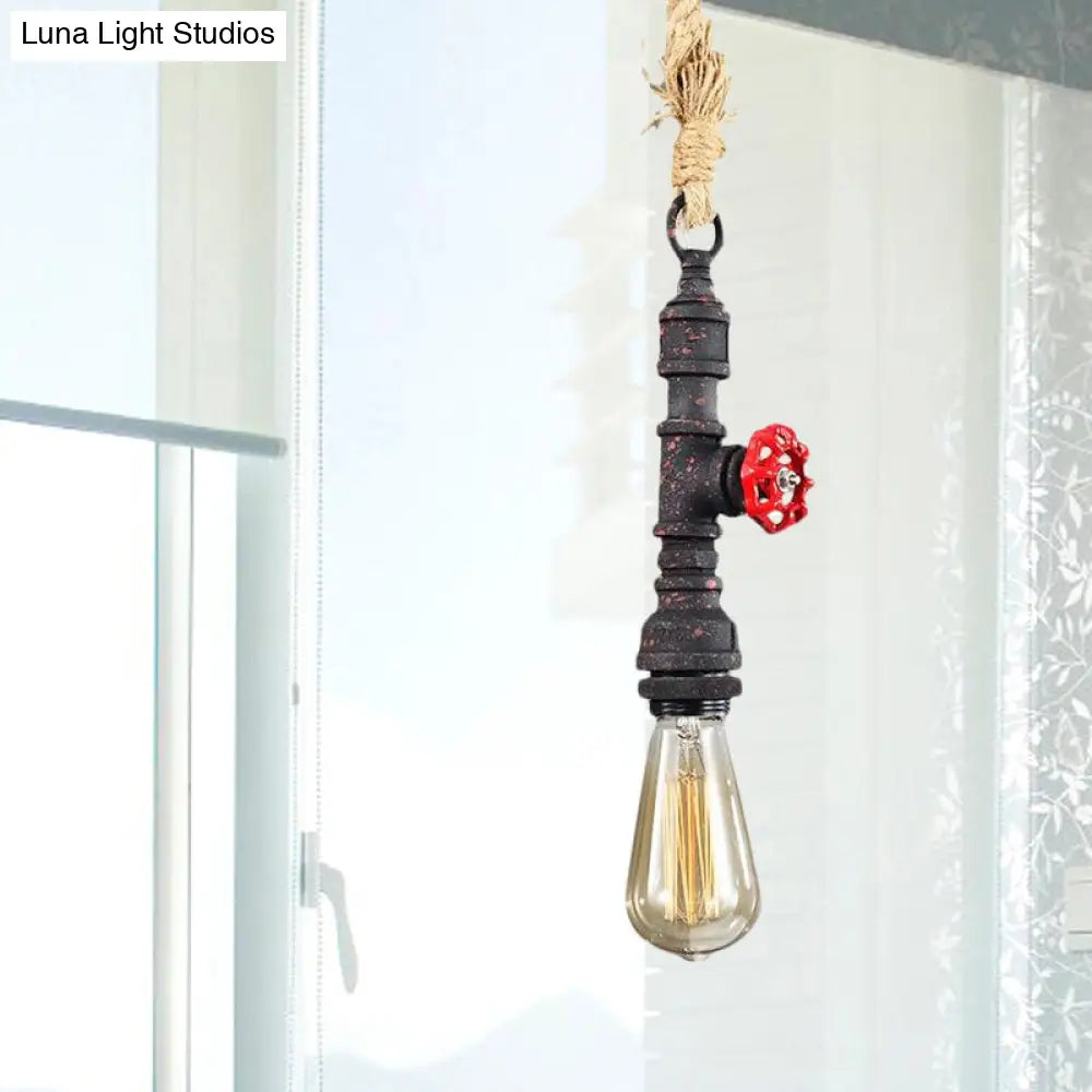 Antique Rust Metal And Rope Adjustable Ceiling Pendant Light With Bare Bulb