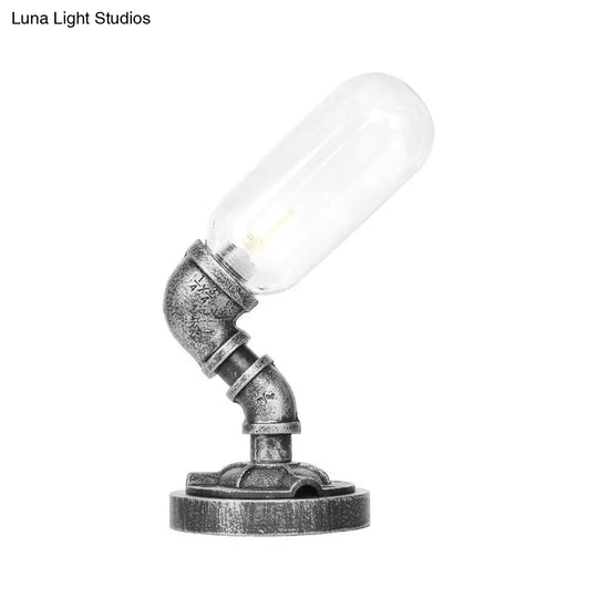 Antique Silver Industrial Desk Lamp With Clear/Amber Glass Capsule Shade And Curved Arm