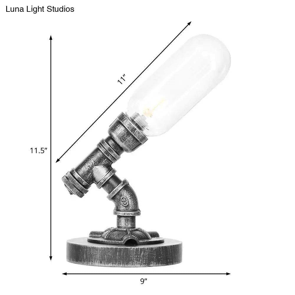 Antique Silver Industrial Desk Lamp With Clear/Amber Glass Capsule Shade And Curved Arm