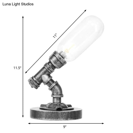Antique Silver Industrial Desk Lamp With Clear/Amber Glass Capsule Shade And Curved Arm