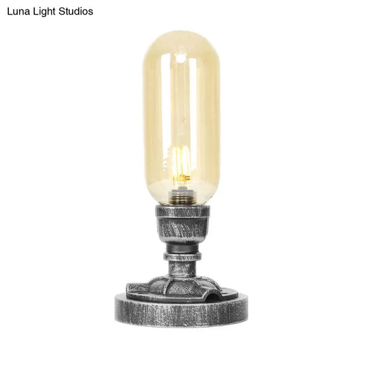Antique Silver Industrial Desk Lamp With Clear/Amber Glass Capsule Shade And Curved Arm