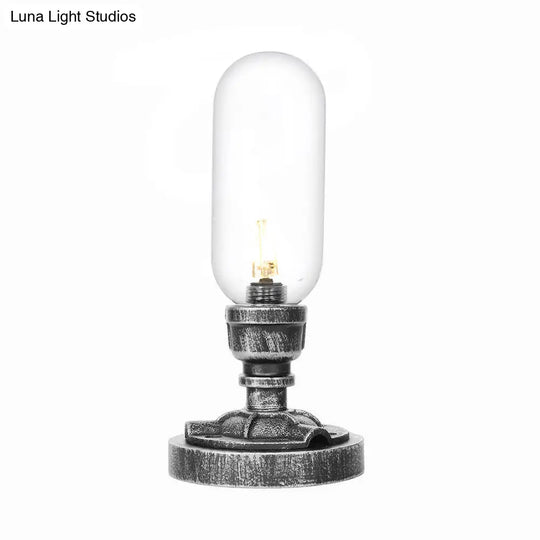 Antique Silver Industrial Desk Lamp With Clear/Amber Glass Capsule Shade And Curved Arm