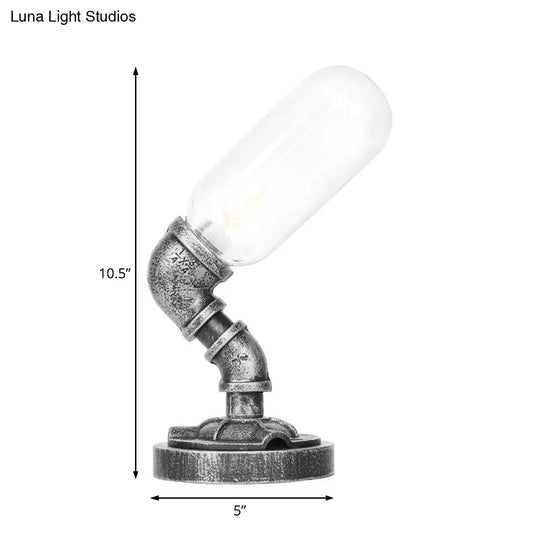 Antique Silver Industrial Desk Lamp With Clear/Amber Glass Capsule Shade And Curved Arm