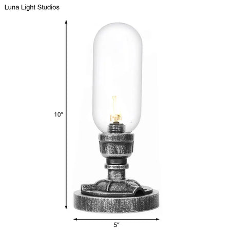 Antique Silver Industrial Desk Lamp With Clear/Amber Glass Capsule Shade And Curved Arm