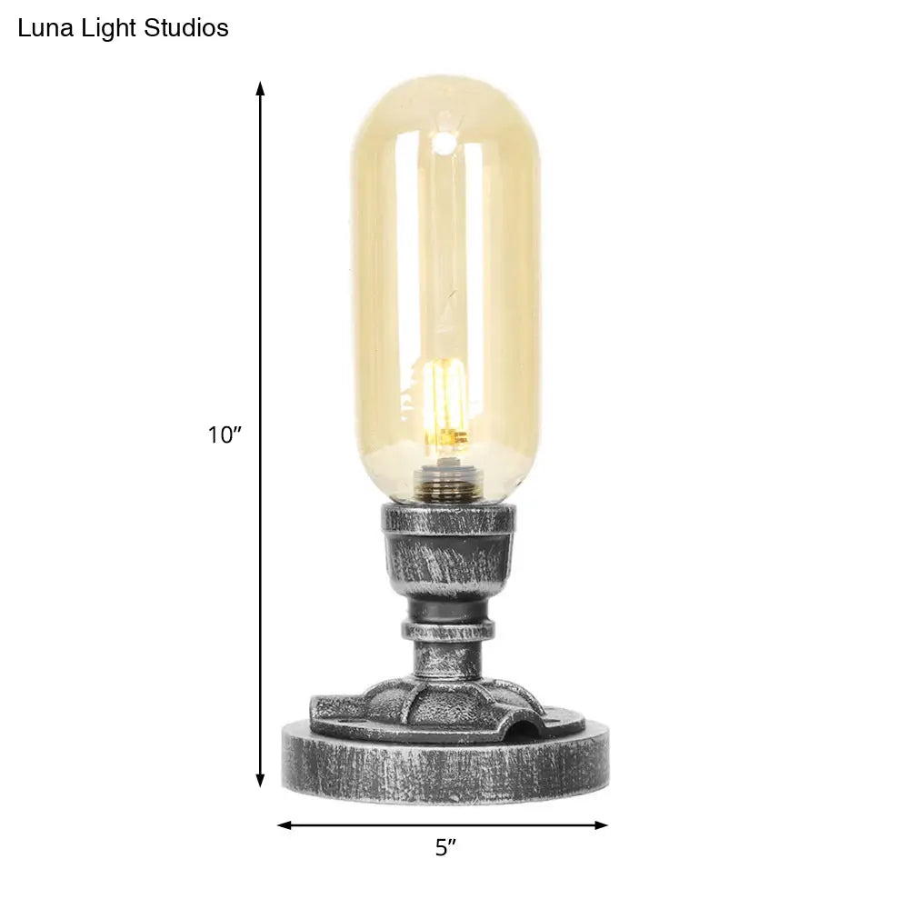 Antique Silver Industrial Desk Lamp With Clear/Amber Glass Capsule Shade And Curved Arm