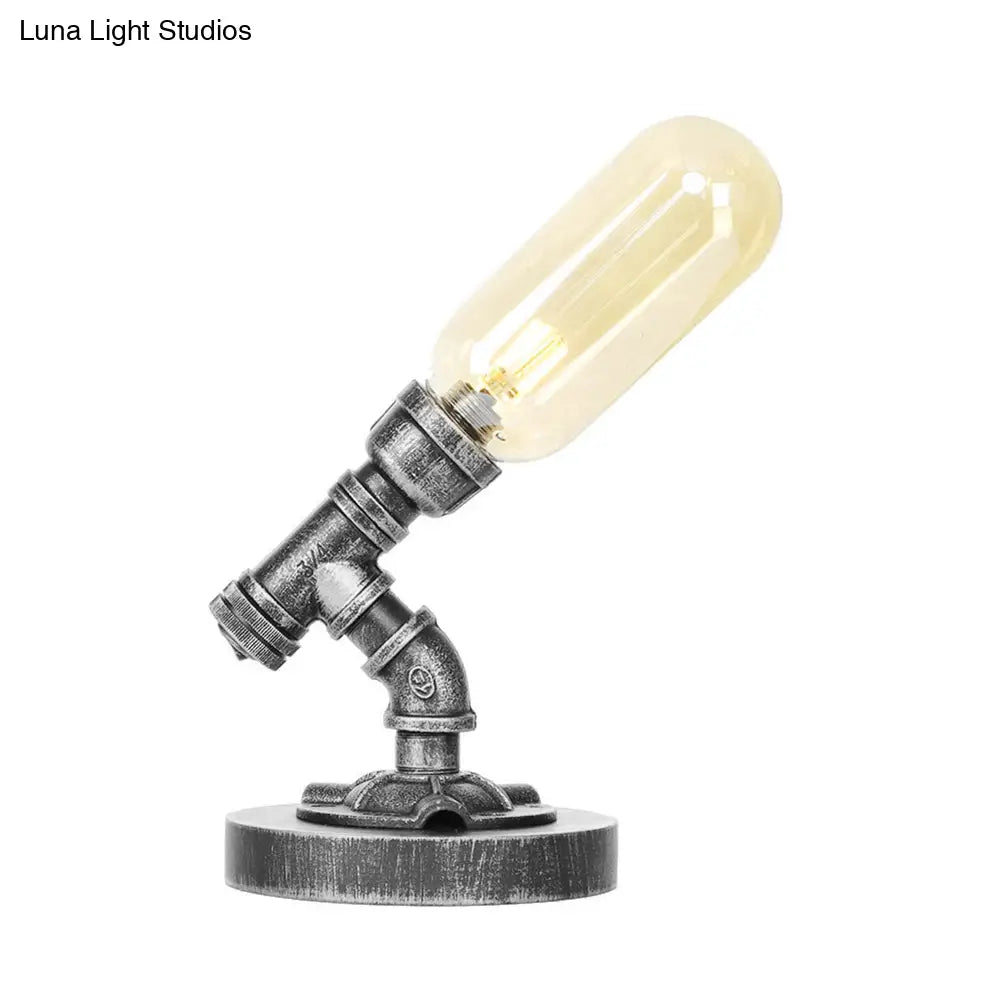 Antique Silver Industrial Desk Lamp With Clear/Amber Glass Capsule Shade And Curved Arm