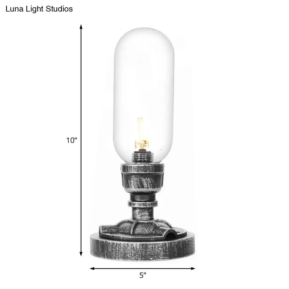 Antique Silver Industrial Desk Lamp With Clear/Amber Glass Capsule Shade And Curved Arm