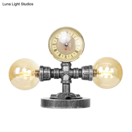 Antique Silver Round Shade Table Lamp With Clear/Amber Glass - Industrial Style 2 Lights And Sturdy