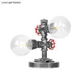 Antique Silver Round Shade Table Lamp With Clear/Amber Glass - Industrial Style 2 Lights And Sturdy