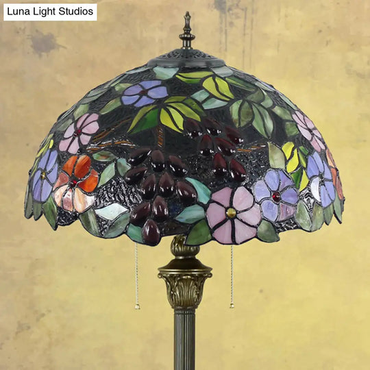 Antique Stained Glass Floor Lamp With Bowl Shade - 2 Heads Purple Standing Lighting