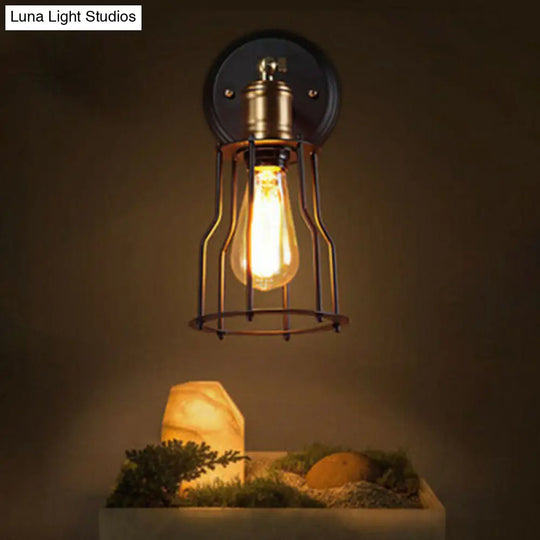 Antique Style 1-Light Black Iron Wall Mount Light With Cage Shade For Corridor Lighting