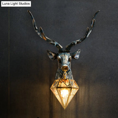 Antique Style 1-Light Resin Deer Wall Sconce With Brass Diamond Shade 14.5/19.5 Wide