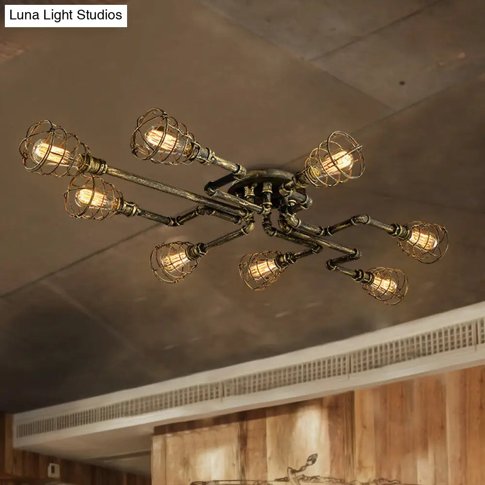 Antique Style 8-Light Bronze Twisted Pipe Ceiling Lamp With Cage Shade