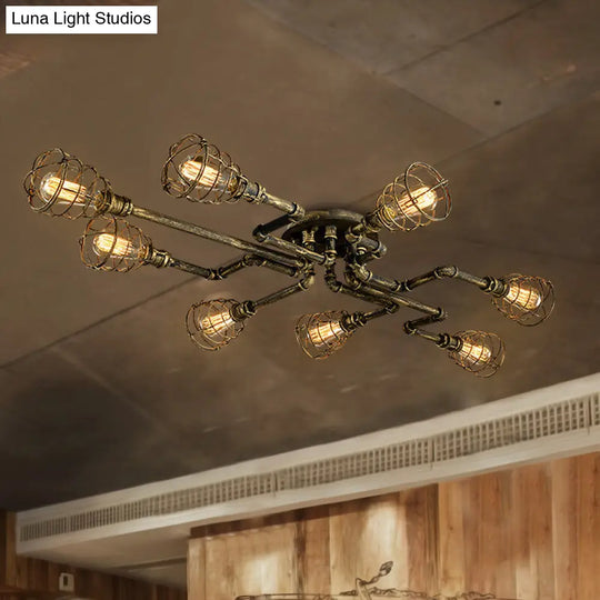 Antique Style 8-Light Bronze Twisted Pipe Ceiling Lamp With Cage Shade