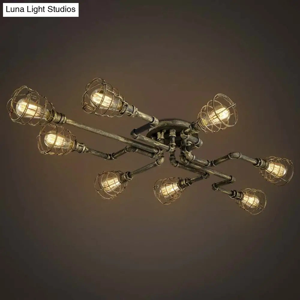 Antique Style 8-Light Bronze Twisted Pipe Ceiling Lamp With Cage Shade