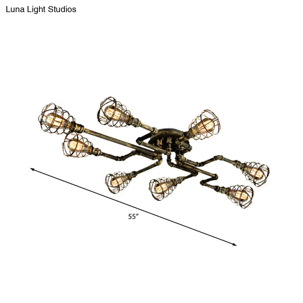 Antique Style 8-Light Bronze Twisted Pipe Ceiling Lamp With Cage Shade