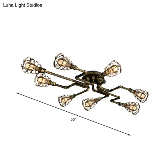 Antique Style 8-Light Bronze Twisted Pipe Ceiling Lamp With Cage Shade