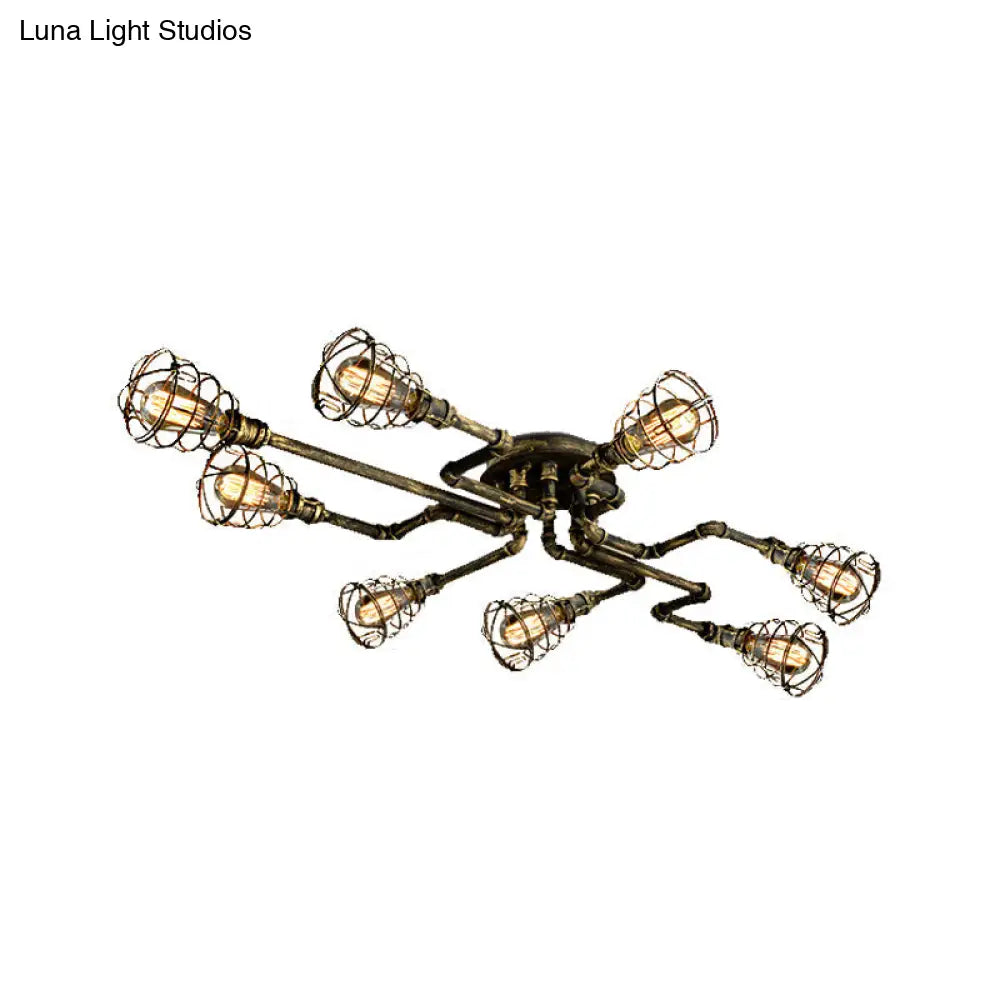 Antique Style 8-Light Bronze Twisted Pipe Ceiling Lamp With Cage Shade