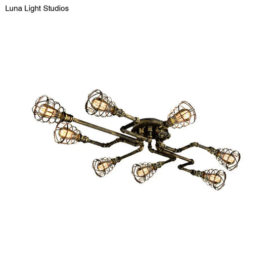 Antique Style 8-Light Bronze Twisted Pipe Ceiling Lamp With Cage Shade