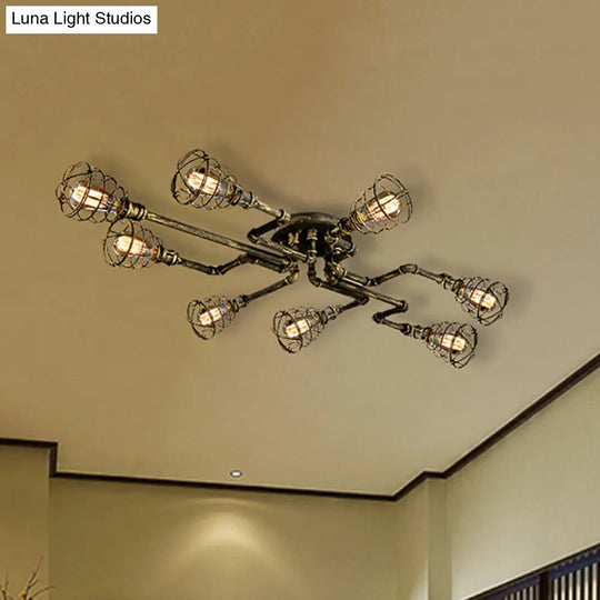 Antique Style 8-Light Bronze Twisted Pipe Ceiling Lamp With Cage Shade