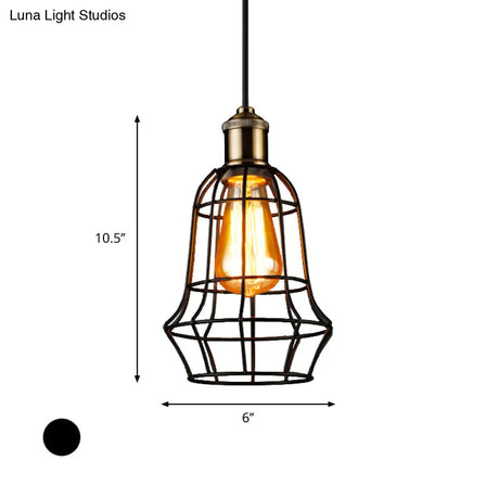 Antique Style Black Head Vase Cage Pendant Light For Bar With Metallic Finish 6’/7.5’ Width