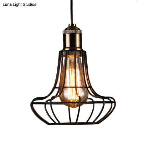 Antique Style Black Head Vase Cage Pendant Light For Bar With Metallic Finish 6’/7.5’ Width