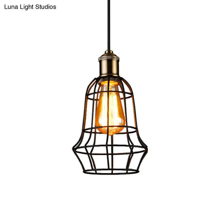 Antique Style Black Head Vase Cage Pendant Light For Bar With Metallic Finish 6’/7.5’ Width
