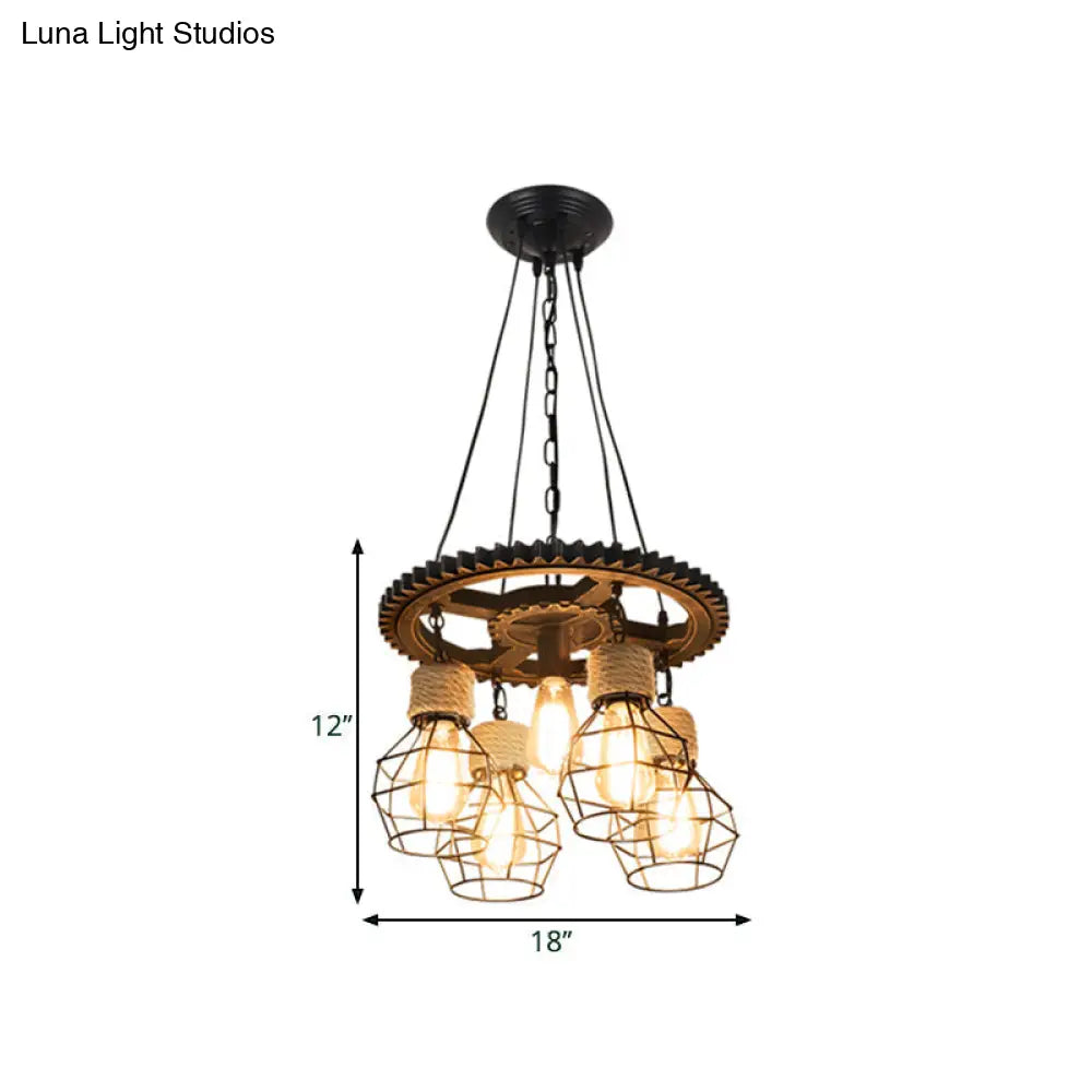 Antique Stylish Black Finish Iron Pendant Light Fixture - 5/7-Head Wire Guard Suspended Lamp With