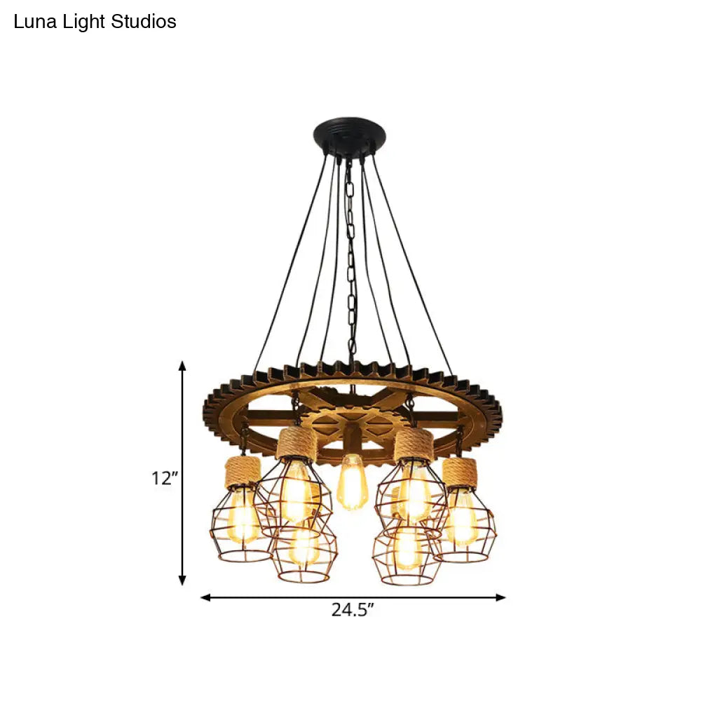 Antique Style Black Iron Pendant Light With Wire Guard - 5/7-Head Suspended Lamp Fixture