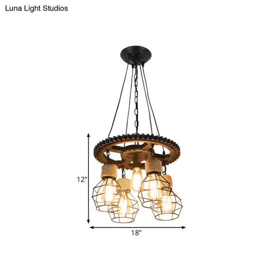 Antique Style Black Iron Pendant Light With Wire Guard - 5/7-Head Suspended Lamp Fixture
