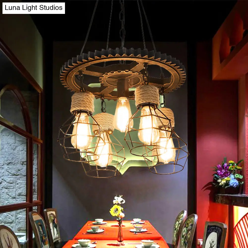 Antique Style Black Iron Pendant Light With Wire Guard - 5/7-Head Suspended Lamp Fixture