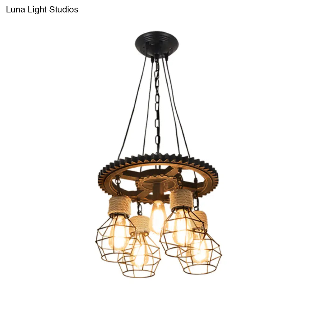 Antique Style Black Iron Pendant Light With Wire Guard - 5/7-Head Suspended Lamp Fixture