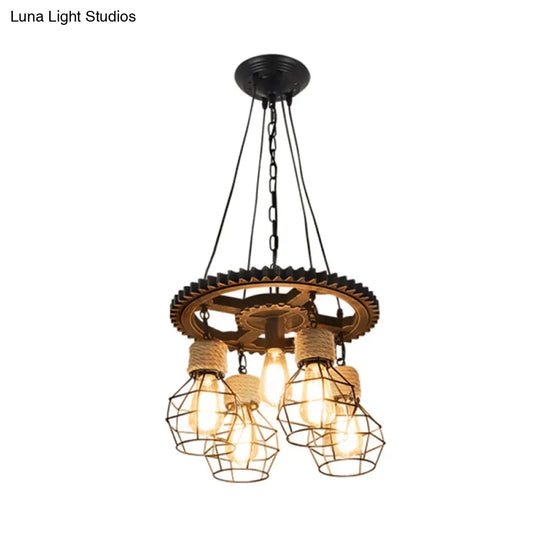 Antique Style Black Iron Pendant Light With Wire Guard - 5/7-Head Suspended Lamp Fixture