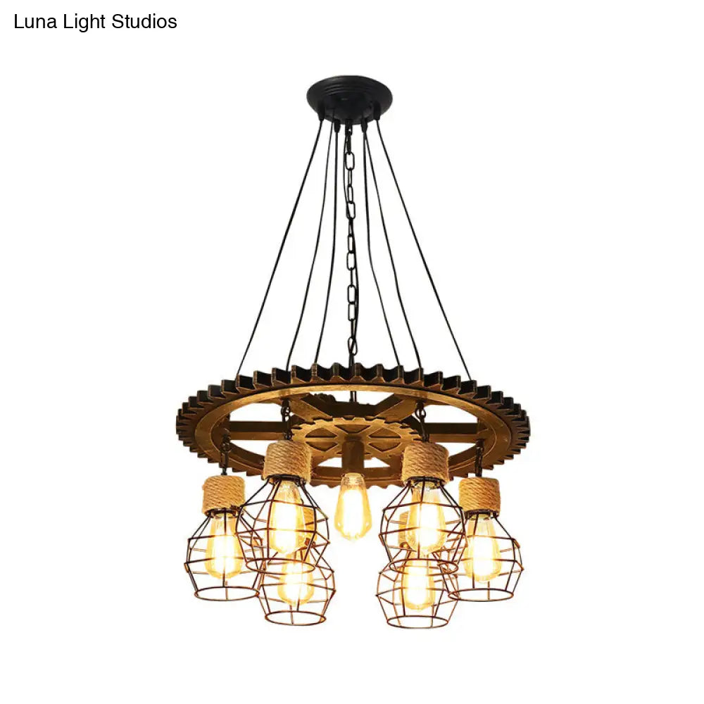 Antique Stylish Black Finish Iron Pendant Light Fixture - 5/7-Head Wire Guard Suspended Lamp With