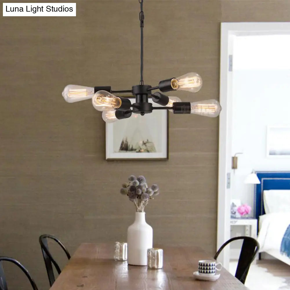 Antique Style Black Metal Chandelier With Exposed Bulbs - Perfect For Table Lighting