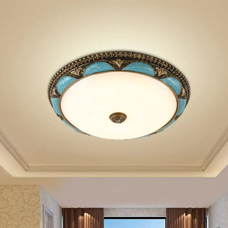 Antique - Style Blue Floral Ceiling Lamp - Cream Glass Led Bedroom Flush Mount / 13’